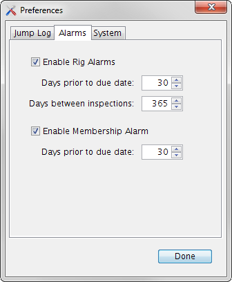 Preferences Dialog - Alarms